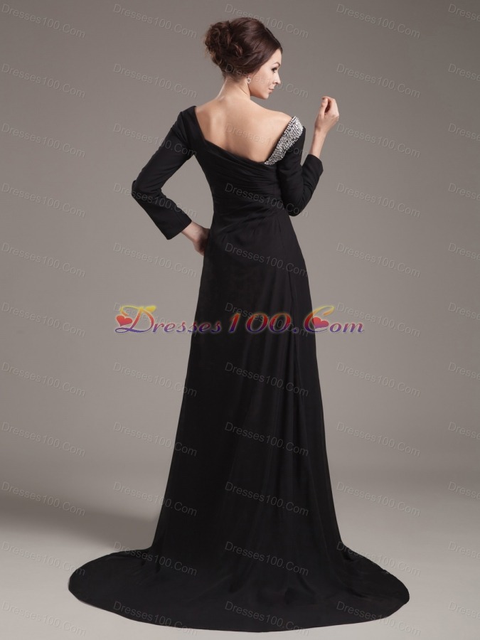 Slit Off Shoulder Brush Long Sleeves Mother Bride Dress