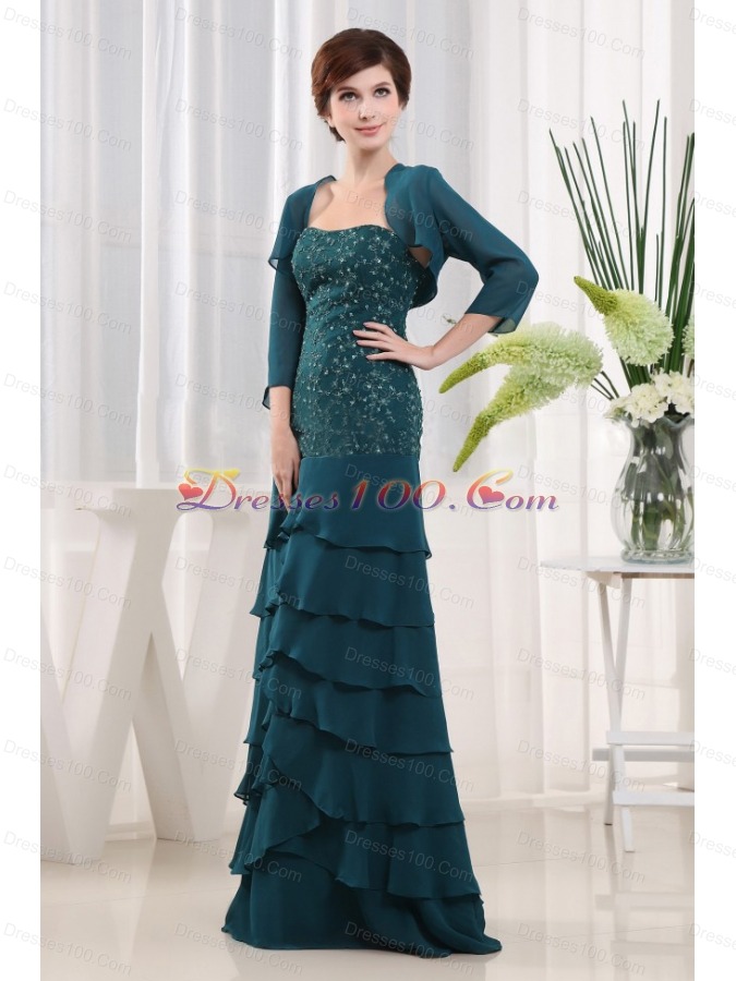 Beading Half Sleeves Jacket Teal Mother Bride Dress