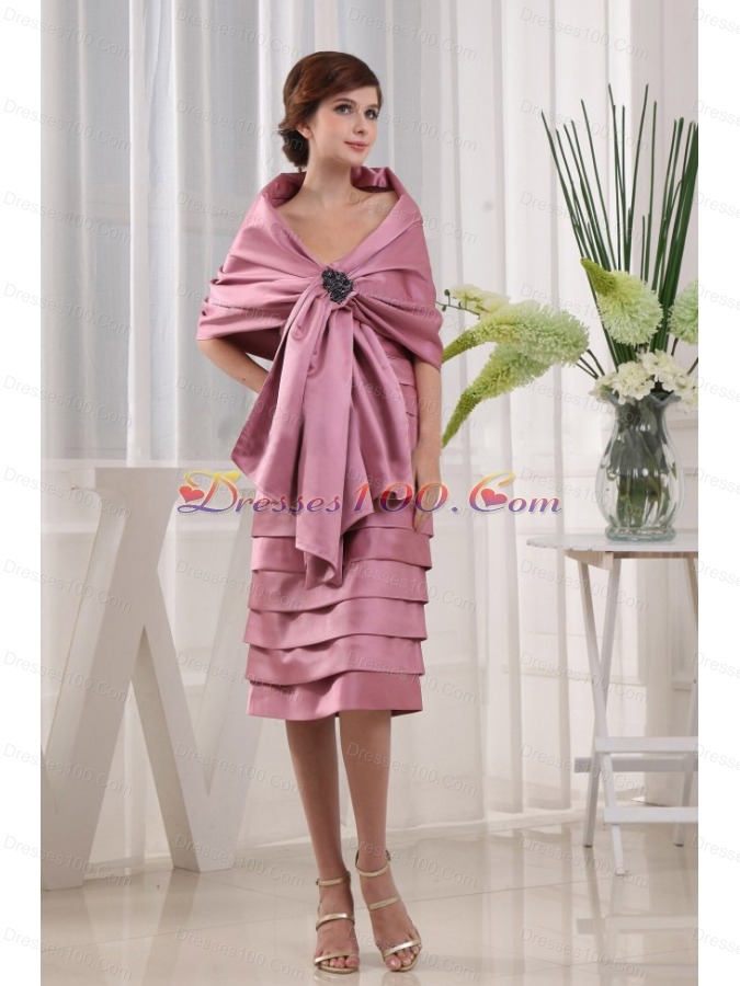 Wrap Pink Mother Bride Dress Layers Tea-length