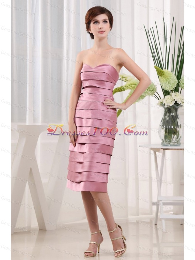 Wrap Pink Mother Bride Dress Layers Tea-length