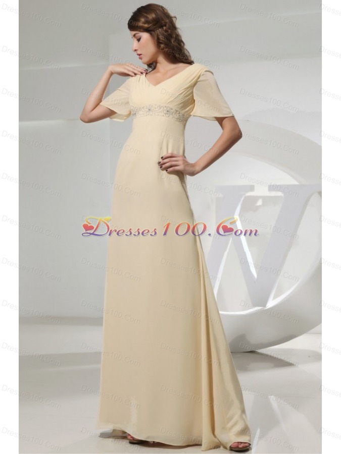 Champagne Mother Bride Dress Short Sleeves Beading