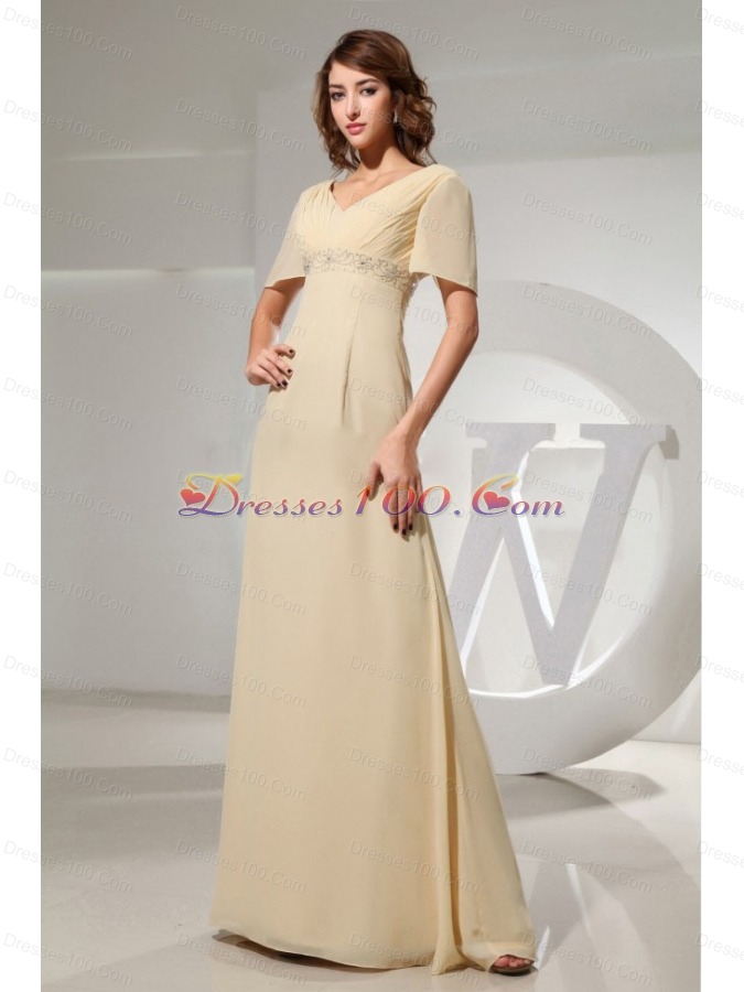 Champagne Mother Bride Dress Short Sleeves Beading