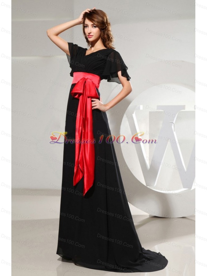 Black Prom Dress Black Sash Short Sleeves and Brush