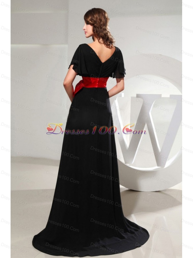 Black Prom Dress Black Sash Short Sleeves and Brush