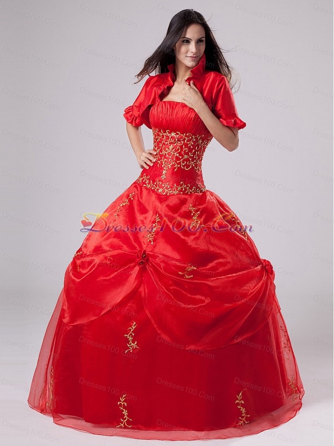 Red Quinceanera Dress With Embroidery and Pick-ups Organza