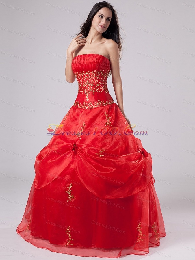 Red Quinceanera Dress With Embroidery and Pick-ups Organza