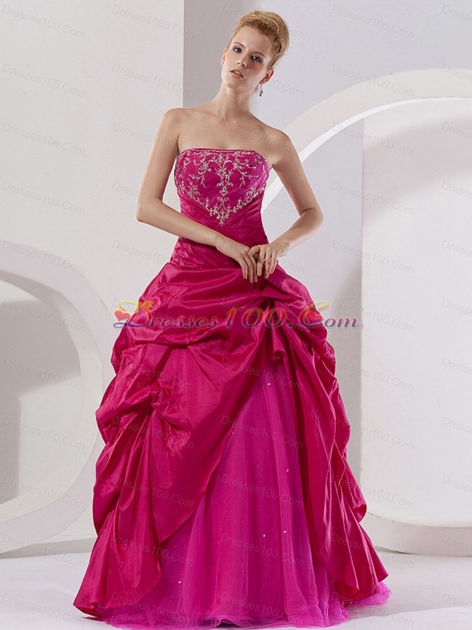 Hot Pink Taffeta Embroidery Strapless Quinceanera Dress