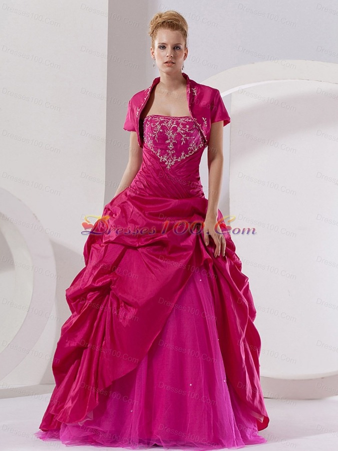 Hot Pink Taffeta Embroidery Strapless Quinceanera Dress