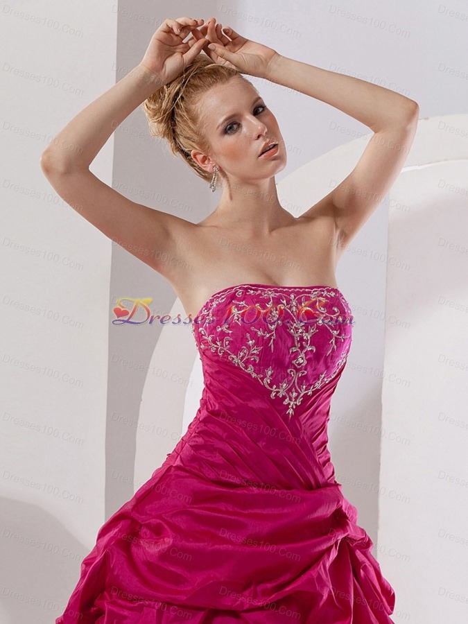 Hot Pink Taffeta Embroidery Strapless Quinceanera Dress