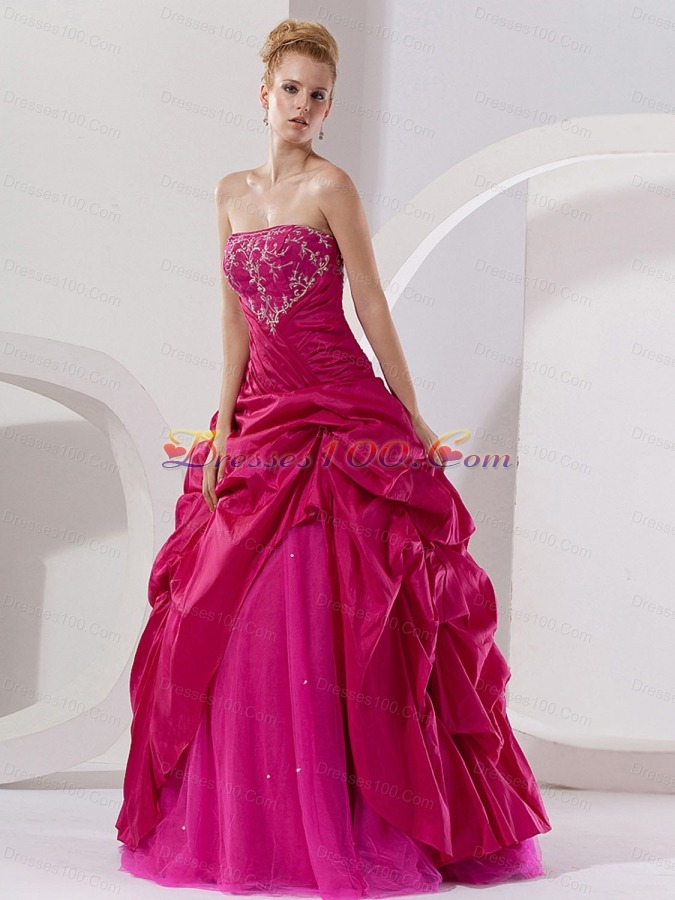 Hot Pink Taffeta Embroidery Strapless Quinceanera Dress