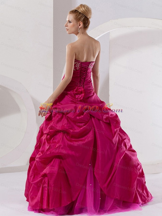 Hot Pink Taffeta Embroidery Strapless Quinceanera Dress