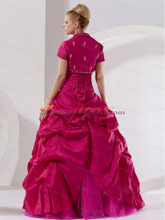 Hot Pink Taffeta Embroidery Strapless Quinceanera Dress