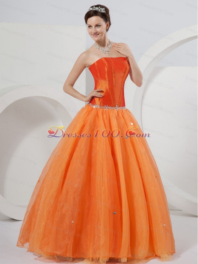 Orange Strapless A-line Organza Beading Quinceanera Dress