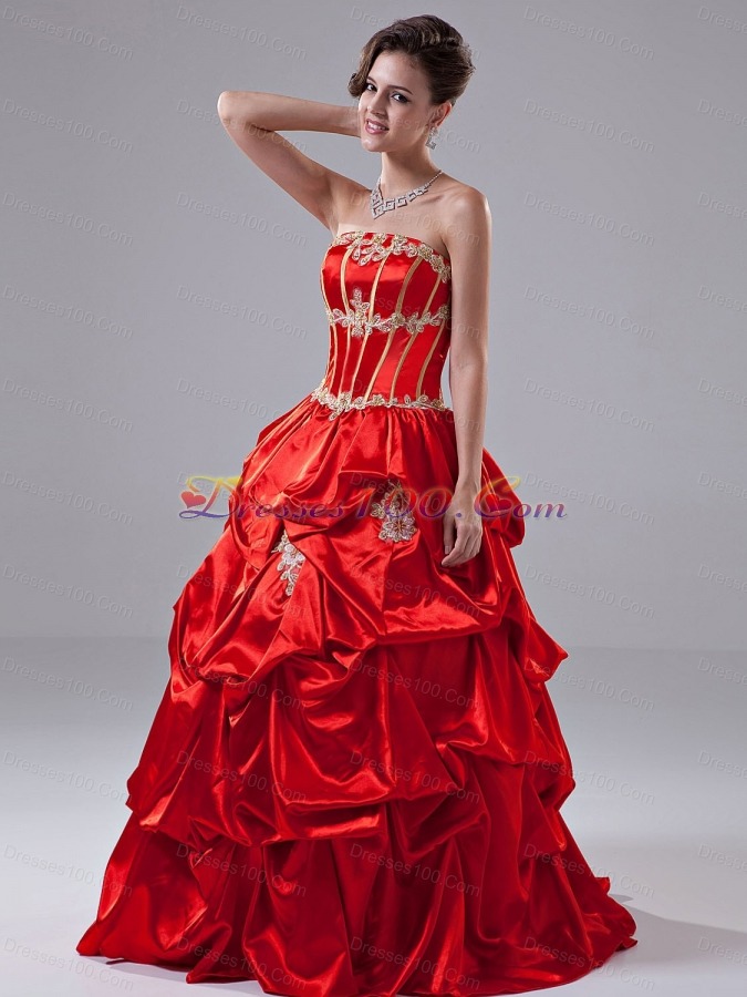 Red Appliques Taffeta Strapless Quinceanera Dress