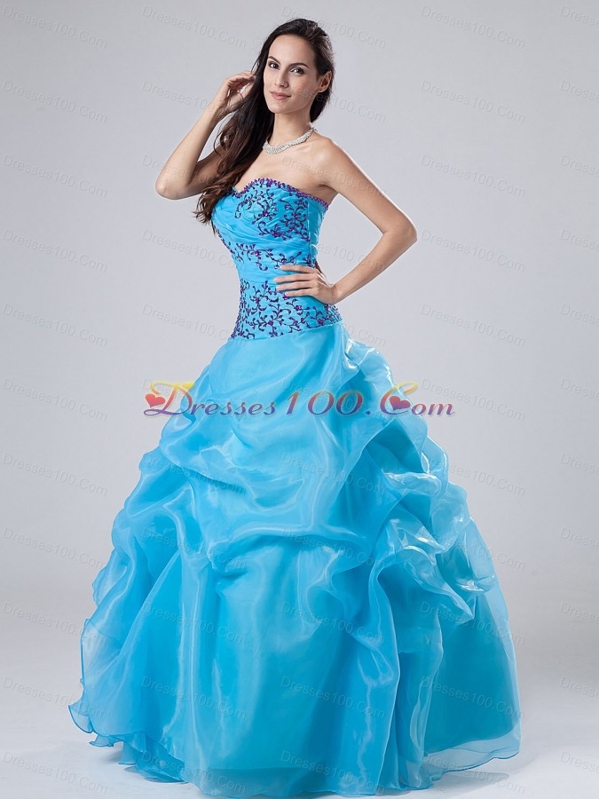 Blue Quinceanera dress Appliques Ruched A-line Sweetheart