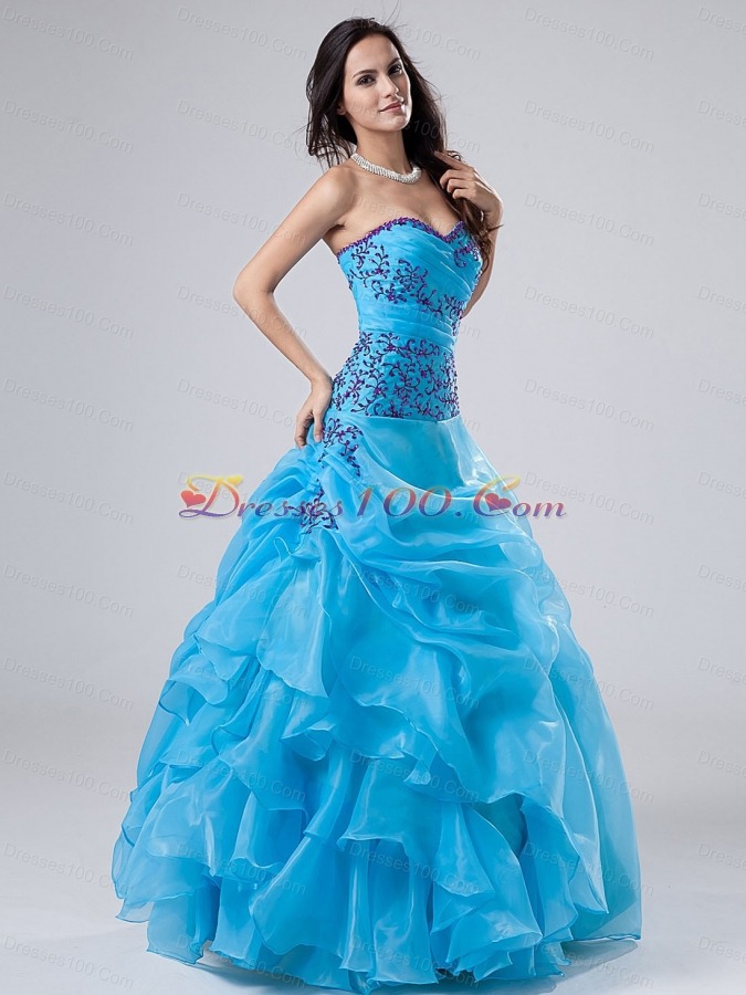 Blue Quinceanera dress Appliques Ruched A-line Sweetheart