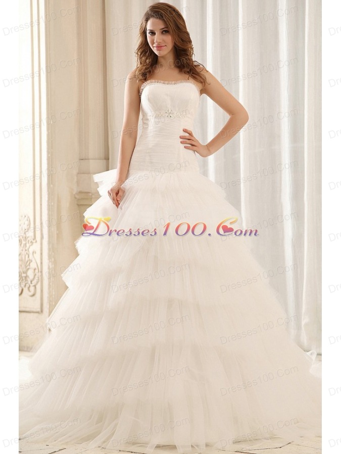 Popular Ruffled Layers Tulle Appliques Wedding Dress