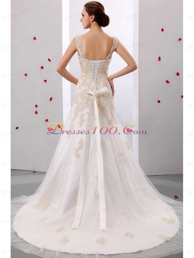 A-line Wedding Dress Straps Appliques Court Train