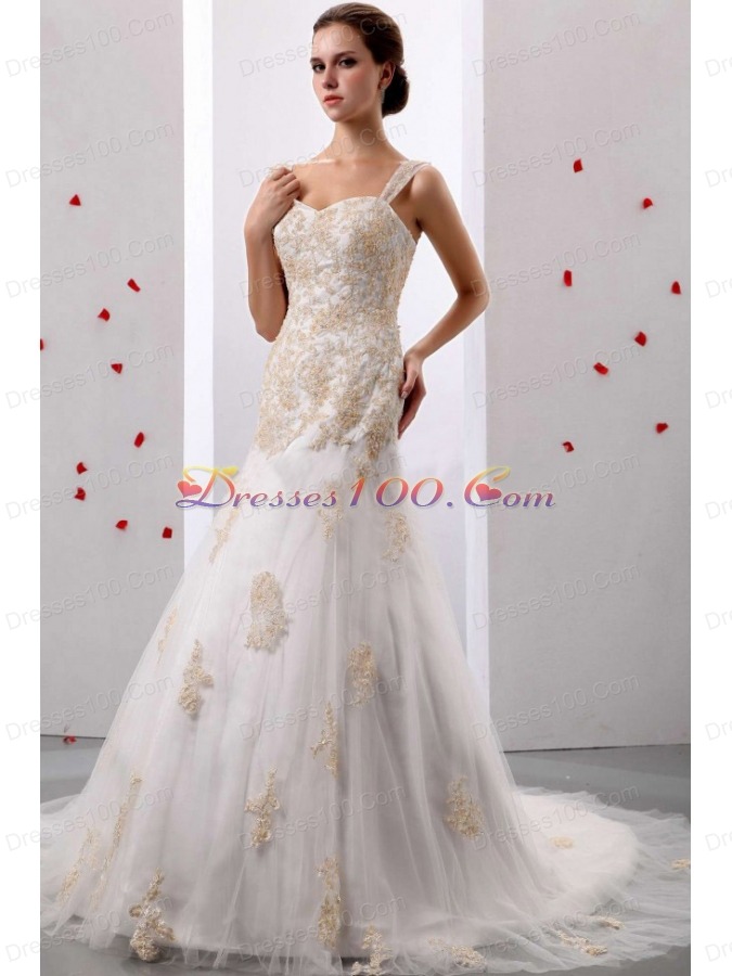 A-line Wedding Dress Straps Appliques Court Train