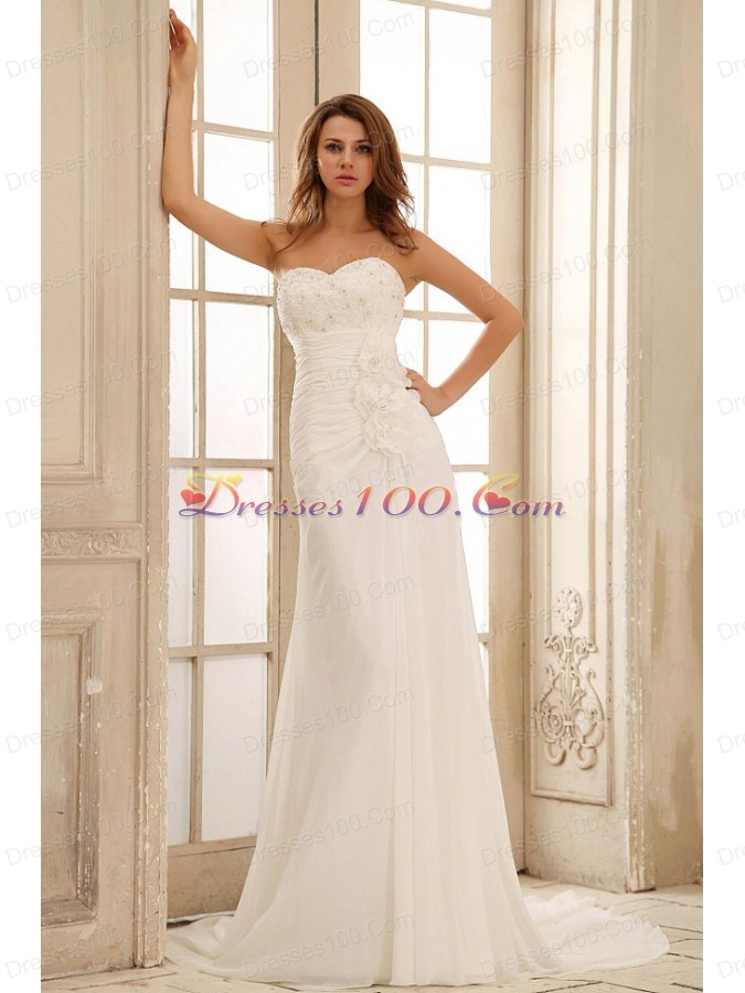 Sweetheart Beach Wedding Dress Floral Ruched Appliques
