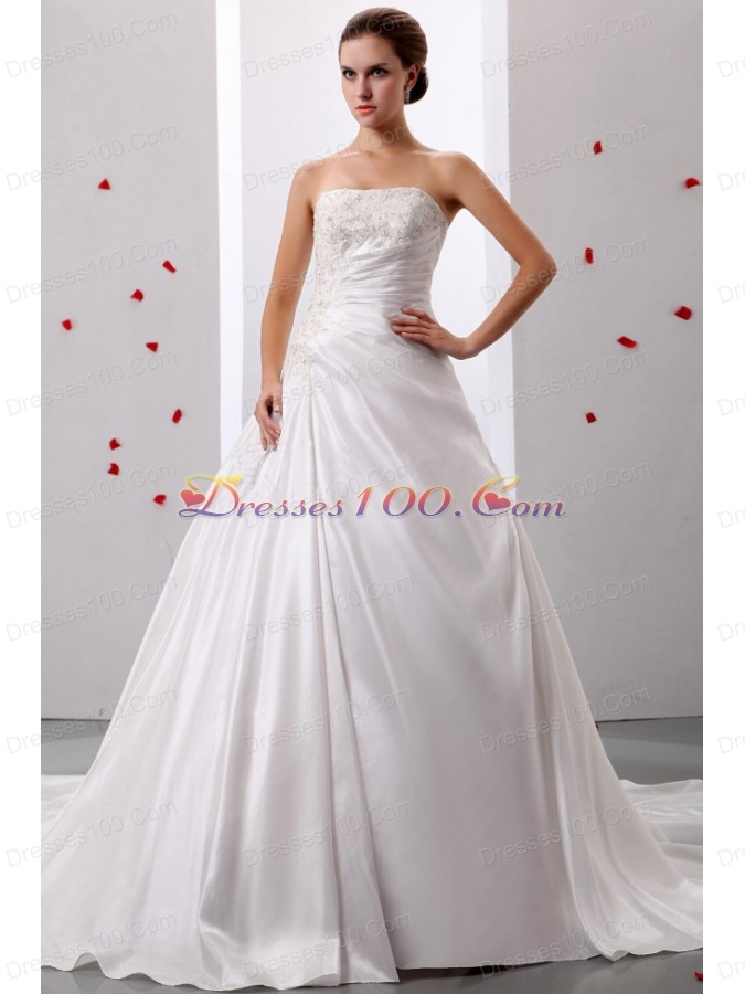 Princess Appliques and Ruch Wedding Gowns With Taffeta