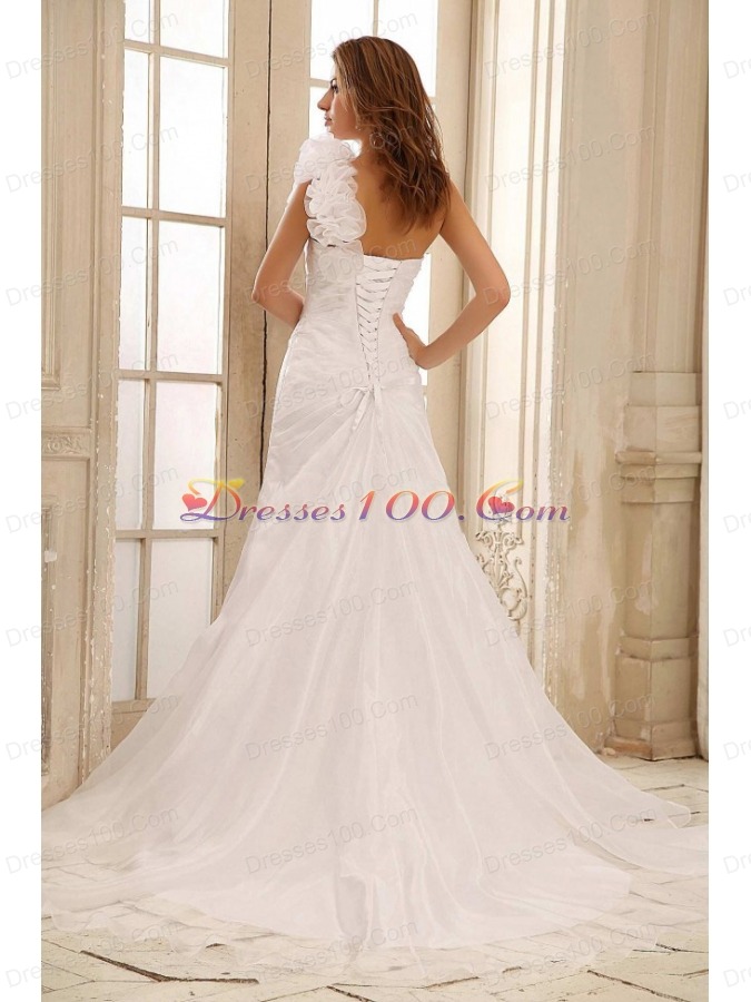 One Shoulder Weding Dress Hand Made Flowers and Ruch