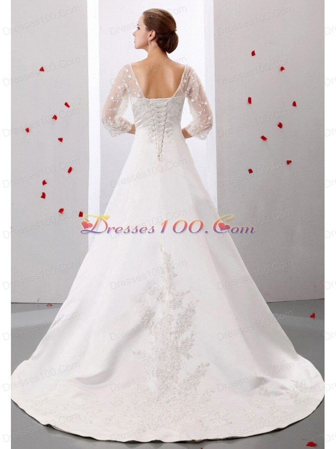 Square Weding Dress With Ruch and Appliques Satin