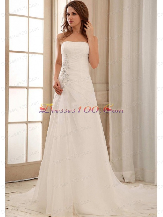 Strapless Weding Dress With Ruch and Appliques Organza