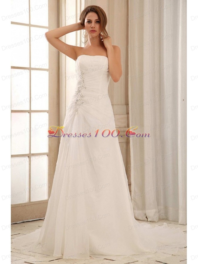 Strapless Weding Dress With Ruch and Appliques Organza
