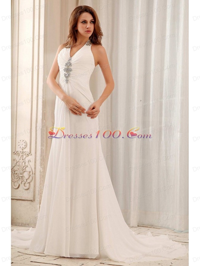 Halter Empire Beaded Weding Dress With Chiffon
