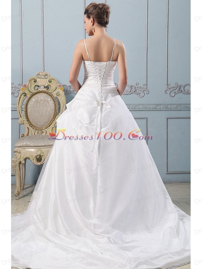 Spaghetti Straps Wedding Gowns Lace With Ruched Bodice
