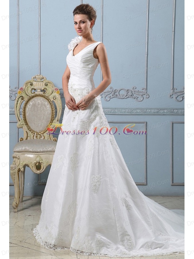 V-neck A-line 2013 Wedding Dress Lace With Ruched Bodice