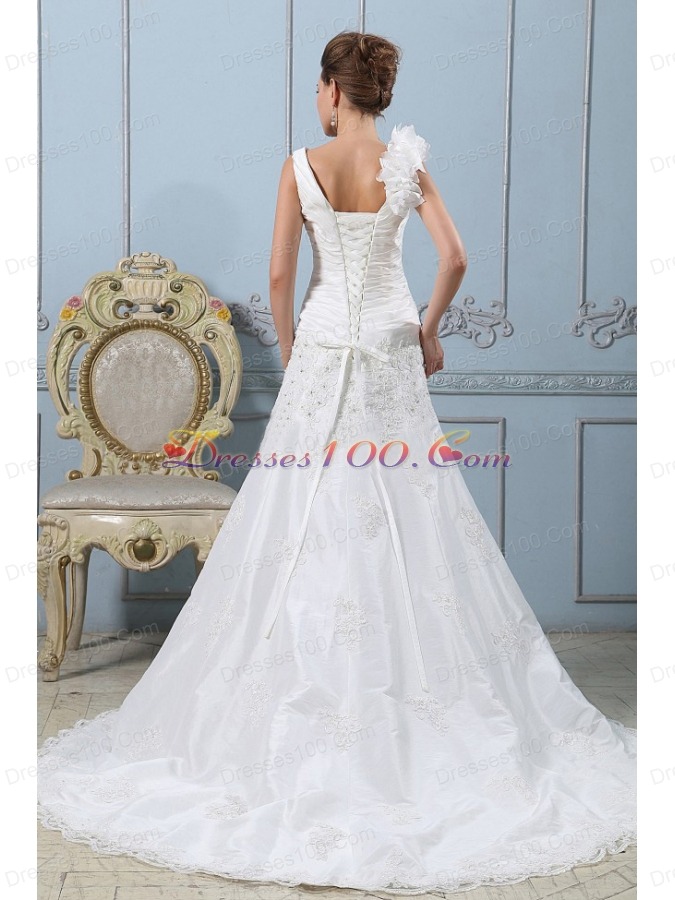 V-neck A-line 2013 Wedding Dress Lace With Ruched Bodice