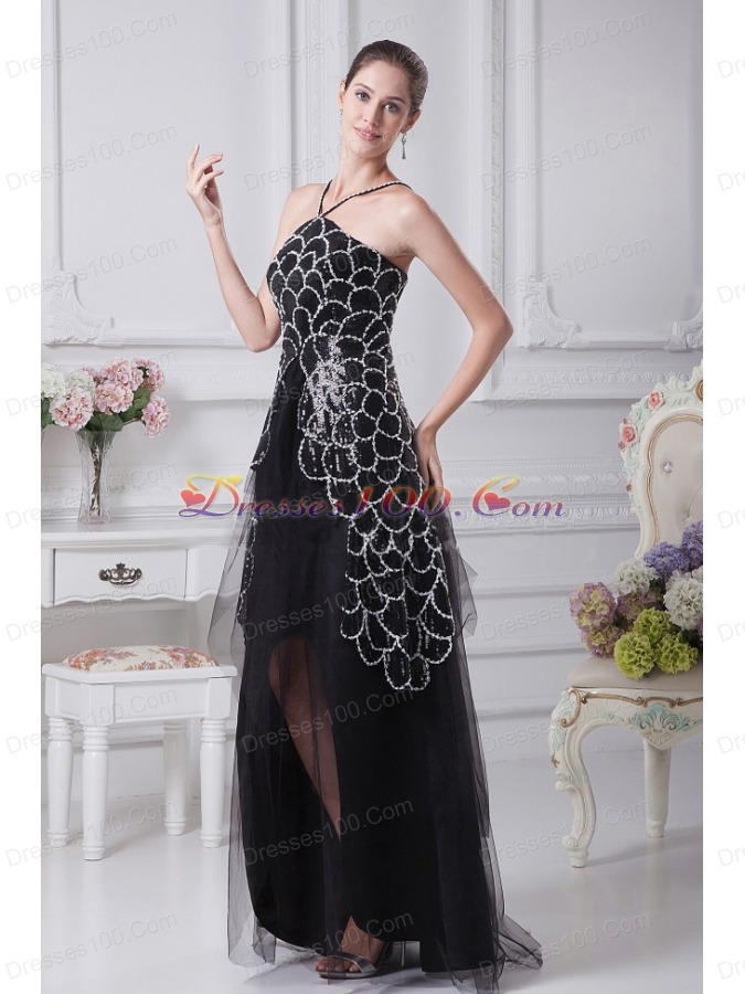 V-neck Black Beaded Decorate Shoulder Tulle Mother Dress