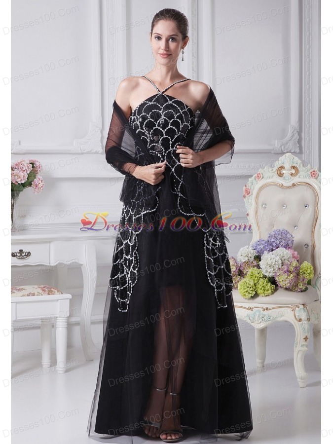 V-neck Black Beaded Decorate Shoulder Tulle Mother Dress