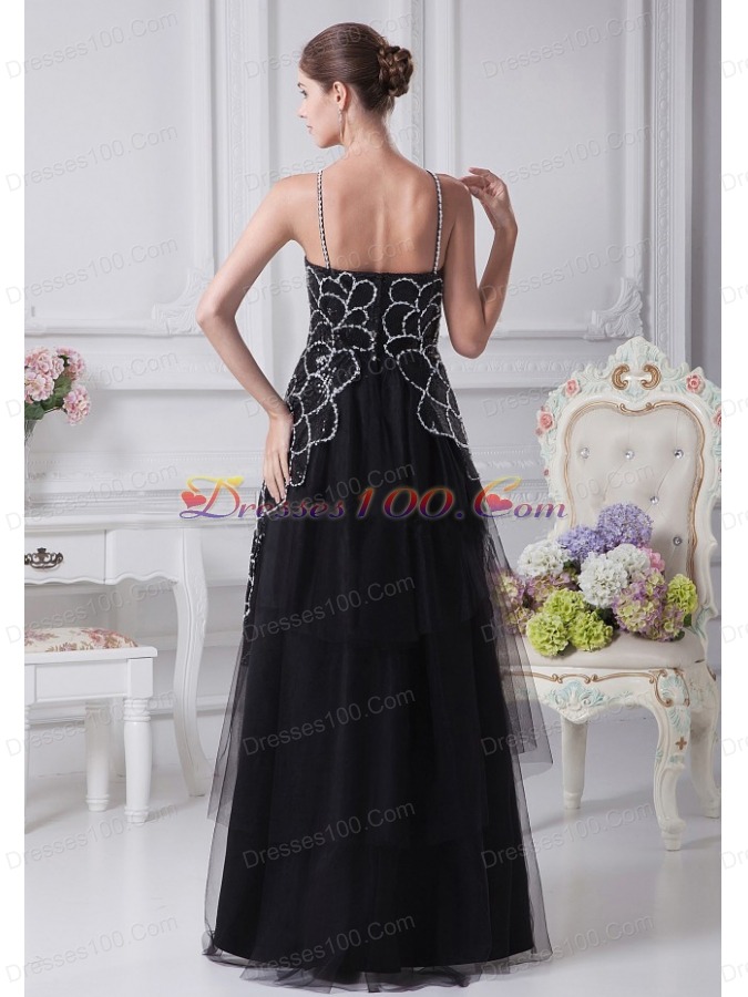V-neck Black Beaded Decorate Shoulder Tulle Mother Dress