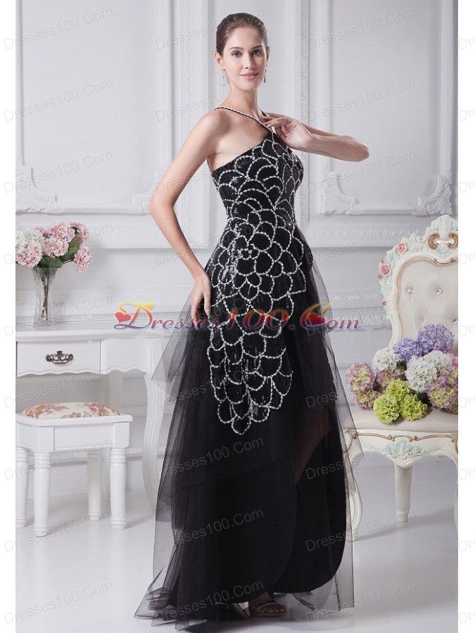 V-neck Black Beaded Decorate Shoulder Tulle Mother Dress