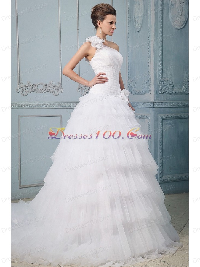 Ruffled Layered One Shoulder Wedding Dress Hand Made Flowers