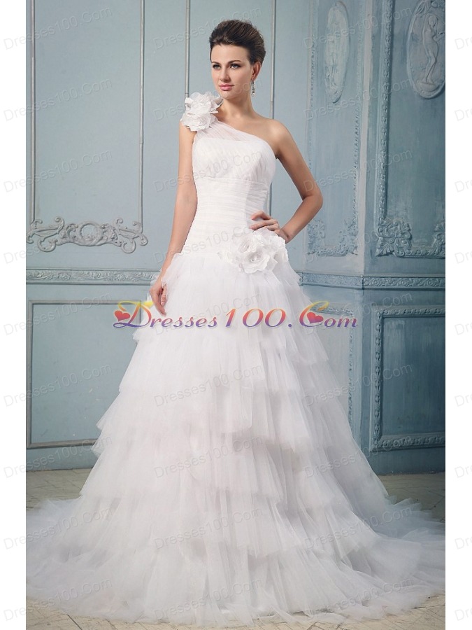 Ruffled Layered One Shoulder Wedding Dress Hand Made Flowers