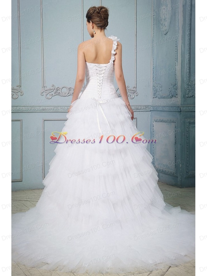 Ruffled Layered One Shoulder Wedding Dress Hand Made Flowers