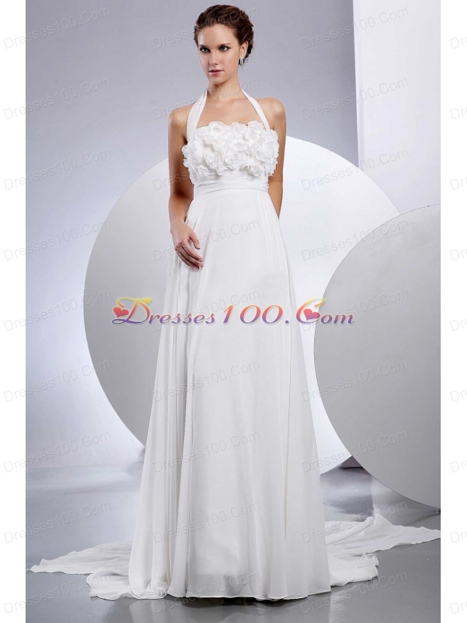 Halter Wedding Dress With Hand Made Flowers Appliques