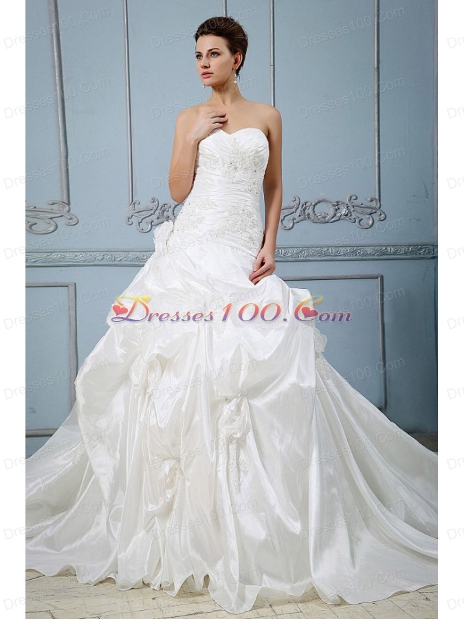 Wedding Ball Gown with Pick-ups Appliques Flower Train