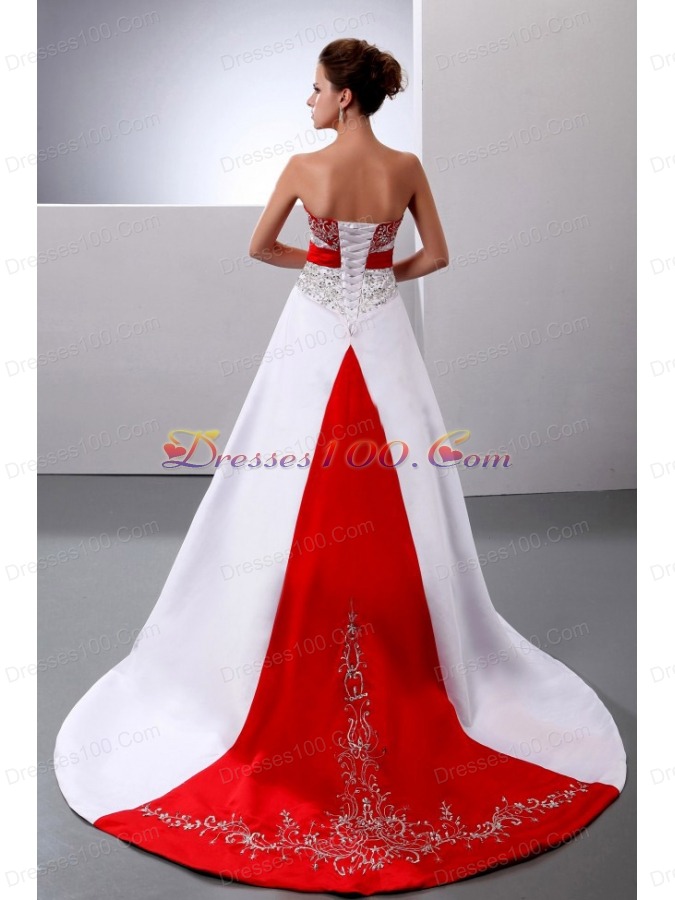 A-line Embroidery and Beading Court Train Wedding Dress