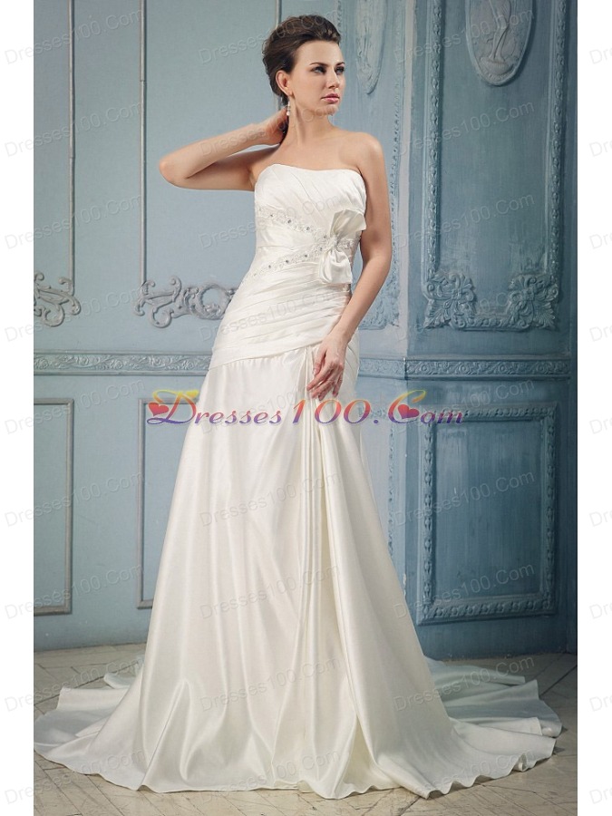 Ivory A-line Wedding Dress Appliques Beading Ruching Bow