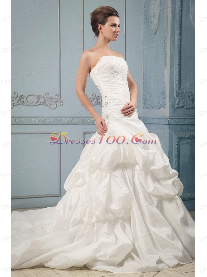 Court Train Wedding Dress With Ruching Beading Pick-ups