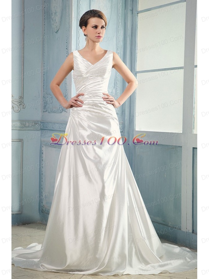 V-neck Ruching Taffeta Wedding Dress With Court Train