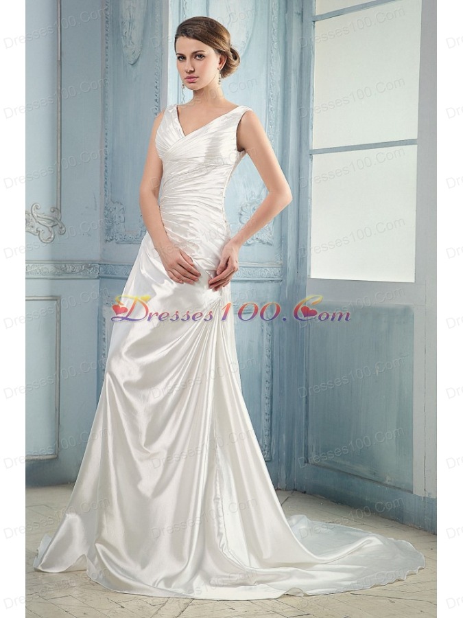 V-neck Ruching Taffeta Wedding Dress With Court Train