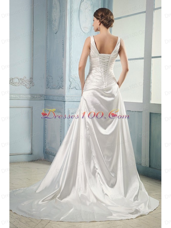 V-neck Ruching Taffeta Wedding Dress With Court Train