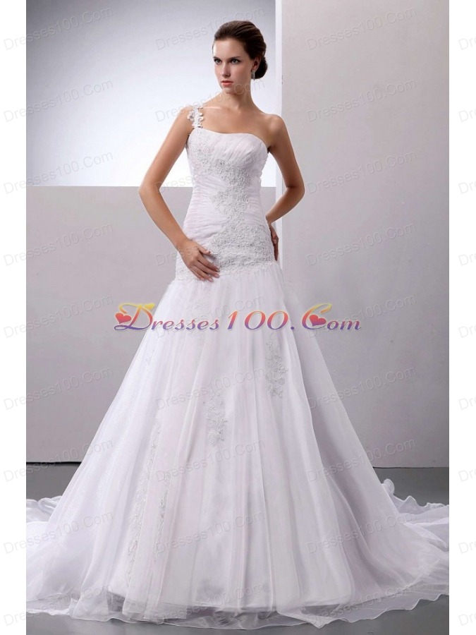Appliques One Shoulder Court Train Organza Bridal Dress