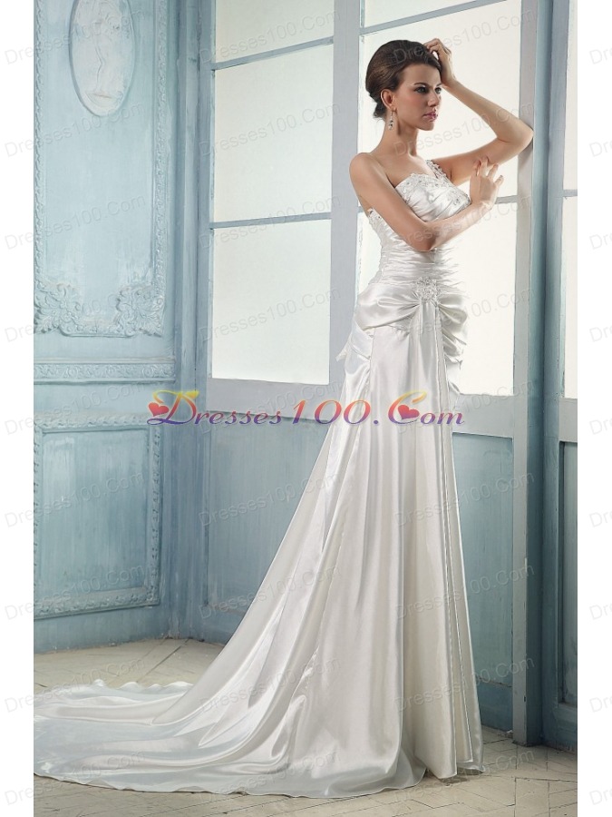 Wedding Dress One Shoulder Appliques and Beading Ruching